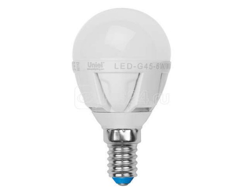 Лампа светодиодная LED-G45-6Вт/WW/E14/FR/DIM PLP01WH 6Вт шар 3000К тепл. бел. E14 600лм 220В диммир. упак. картон Uniel UL-00000694