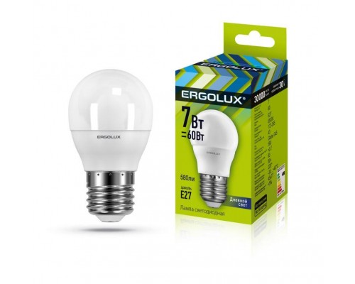 Лампа светодиодная LED-G45-7W-E27-6500K 172-265В Шар Ergolux 12877