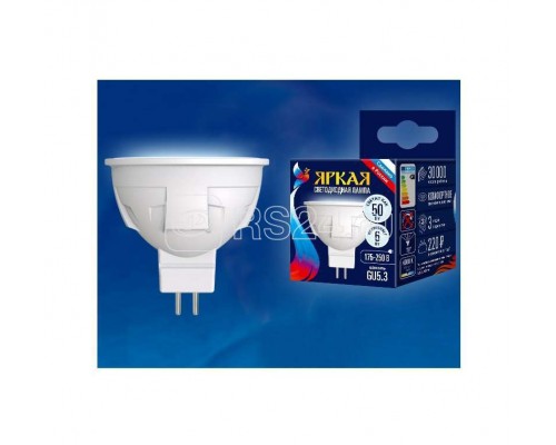 Лампа светодиодная LED-JCDR 6W/NW/GU5.3/FR PLP01WH форма JCDR мат. серия ЯРКАЯ бел. 4000К упак. картон Uniel UL-00002422