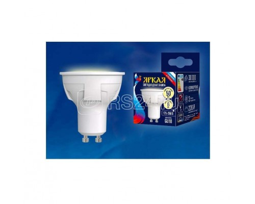 Лампа светодиодная LED-JCDR 6W/WW/GU10/FR PLP01WH форма JCDR мат. серия ЯРКАЯ свет теплый бел. 3000К упак. картон Uniel UL-00002423