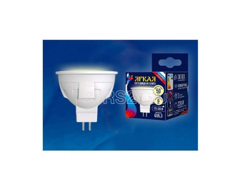 Лампа светодиодная LED-JCDR 6W/WW/GU5.3/FR PLP01WH форма JCDRмат. серия ЯРКАЯ свет теплый бел. 3000К упак. картон Uniel UL-00002424