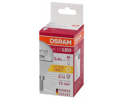 Лампа светодиодная LED STAR CLASSIC P 40 5.4W/830 5.4Вт шар 3000К тепл. бел. E14 470лм 220-240В прозр. пласт. OSRAM 4052899971622