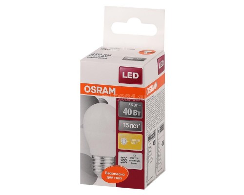 Лампа светодиодная LED STAR CLASSIC P 40 5.5W/827 5.5Вт шар 2700К тепл. бел. E27 470лм 220-240В матов. пласт. OSRAM 4052899971646