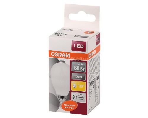 Лампа светодиодная LED STAR CLASSIC P 60 6.5W/830 6.5Вт шар 3000К тепл. бел. E14 550лм 220-240В матов. пласт. OSRAM 4058075134294