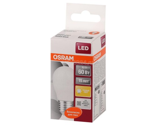 Лампа светодиодная LED STAR CLASSIC P 60 6.5W/830 6.5Вт шар 3000К тепл. бел. E27 550лм 220-240В матов. пласт. OSRAM 4058075134355