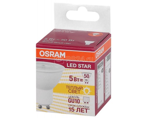 Лампа светодиодная LED STAR PAR16 5Вт (замена 50Вт) тепл. бел. GU10 OSRAM 4058075403376