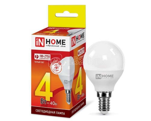 Лампа светодиодная LED-ШАР-VC 4Вт 230В E14 3000К 360лм IN HOME 4690612030517