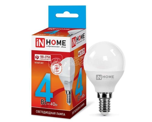 Лампа светодиодная LED-ШАР-VC 4Вт 230В E14 4000К 360лм IN HOME 4690612030531