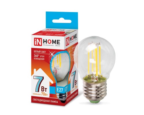 Лампа светодиодная LED-ШАР-deco 7Вт 230В E27 4000К 630Лм прозрач. IN HOME 4690612016337