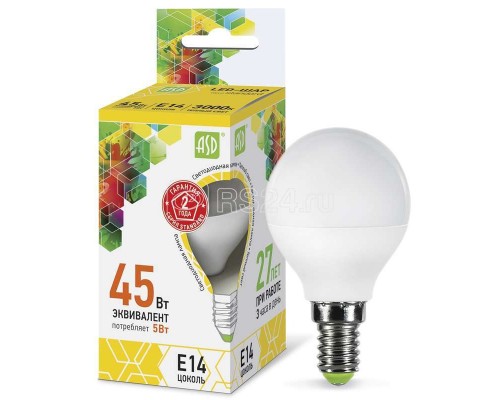 Лампа светодиодная LED-шар-standard 5Вт шар 3000К тепл. бел. E14 450лм 160-260В ASD 4690612002125