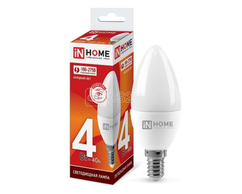 Лампа светодиодная LED-СВЕЧА-VC 4Вт 230В E14 6500К 360лм IN HOME 4690612030135