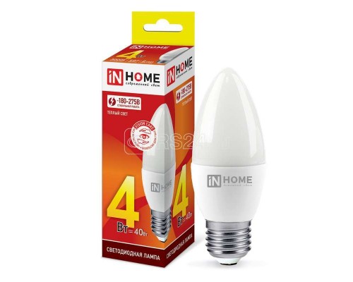 Лампа светодиодная LED-СВЕЧА-VC 4Вт 230В E27 3000К 360лм IN HOME 4690612030111