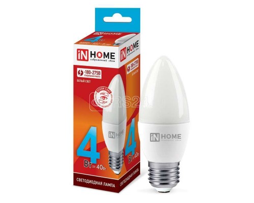 Лампа светодиодная LED-СВЕЧА-VC 4Вт 230В E27 4000К 360лм IN HOME 4690612030098