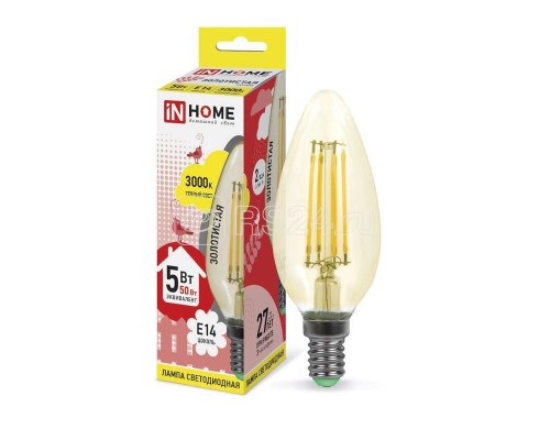 Лампа светодиодная LED-СВЕЧА-deco 5Вт 230В E14 3000К 450Лм зол. IN HOME 4690612007182