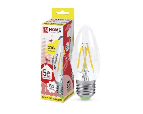 Лампа светодиодная LED-СВЕЧА-deco 5Вт 230В E27 3000К 450Лм прозр. IN HOME 4690612007588