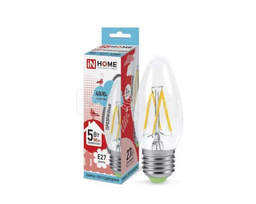 Лампа светодиодная LED-свеча-deco 5Вт 230В E27 4000К 450Лм прозрачная IN HOME 4690612007595