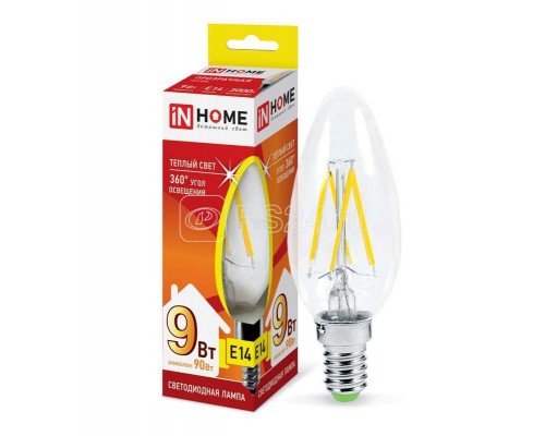 Лампа светодиодная LED-СВЕЧА-deco 9Вт 230В E14 3000К 810лм прозр. IN HOME 4690612026183