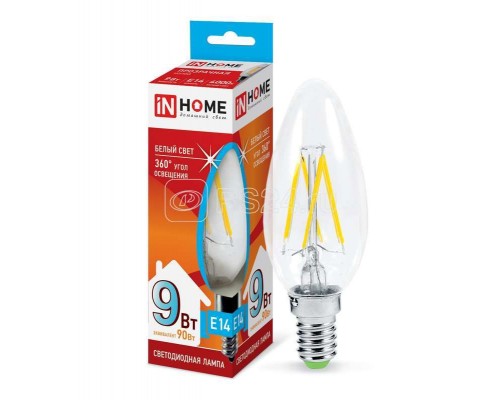 Лампа светодиодная LED-СВЕЧА-deco 9Вт 230В E14 4000К 810лм прозр. IN HOME 4690612026206