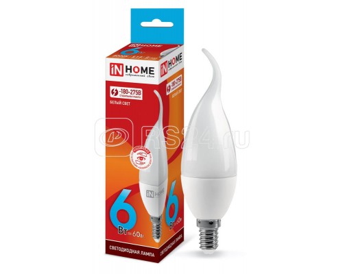 Лампа светодиодная LED-СВЕЧА НА ВЕТРУ-VC 6Вт 230В Е14 4000К 540лм IN HOME 4690612030395
