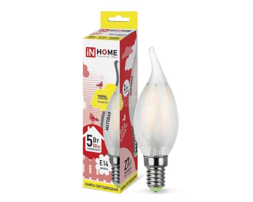 Лампа светодиодная LED-СВЕЧА НА ВЕТРУ-deco 5Вт 230В E14 3000К 450Лм матовая IN HOME 4690612006796
