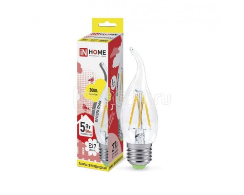 Лампа светодиодная LED-свеча на ветру-deco 5Вт 230В E27 3000К 450Лм прозрачная IN HOME 4690612007649