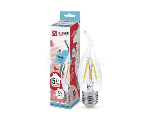 Лампа светодиодная LED-СВЕЧА НА ВЕТРУ-deco 5Вт 230В E27 4000К 450Лм прозр. IN HOME 4690612007656