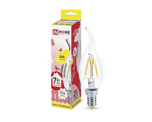 Лампа светодиодная LED-СВЕЧА НА ВЕТРУ-deco 7Вт 230В E14 3000К 630Лм прозр. IN HOME 4690612007663
