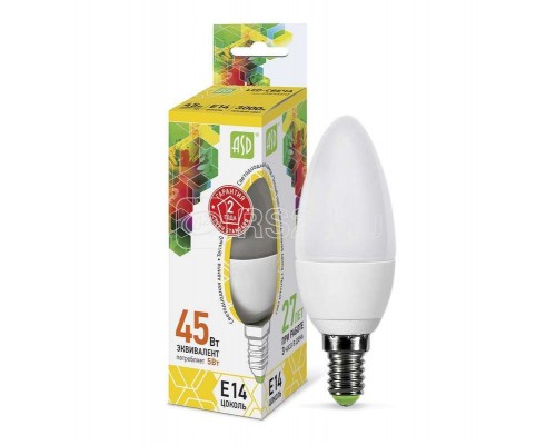 Лампа светодиодная LED-свеча-standard 5Вт свеча 3000К тепл. бел. E14 450лм 160-260В ASD 4690612002200