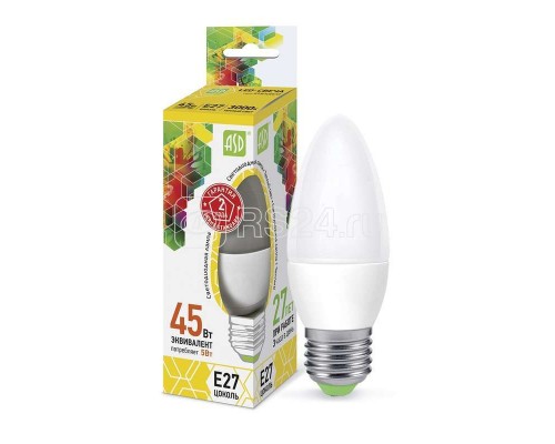 Лампа светодиодная LED-свеча-standard 5Вт свеча 3000К тепл. бел. E27 450лм 160-260В ASD 4690612003900