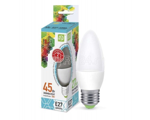 Лампа светодиодная LED-СВЕЧА-standard 5Вт СВЕЧА 4000К бел. E27 450лм 160-260В ASD 4690612003917