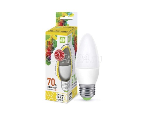 Лампа светодиодная LED-свеча-standard 7.5Вт свеча 3000К тепл. бел. E27 675лм 160-260В ASD 4690612003948