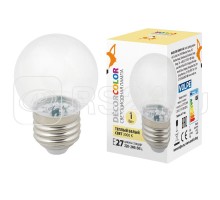Лампа светодиодная декоративная LED-G45-1W/3000K/E27/CL/С шар прозрачн. теплый бел. свет (3000К) картон Volpe UL-00005807