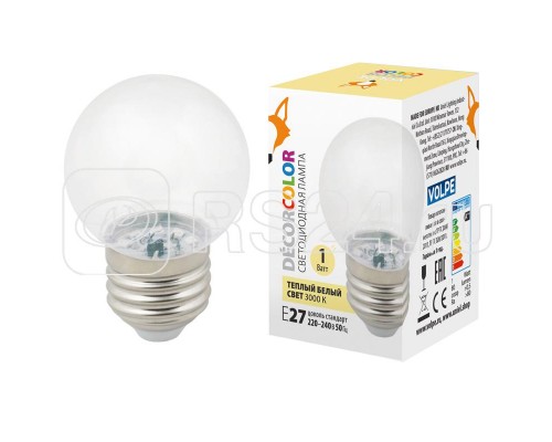 Лампа светодиодная декоративная LED-G45-1W/3000K/E27/CL/С шар прозрачн. теплый бел. свет (3000К) картон Volpe UL-00005807