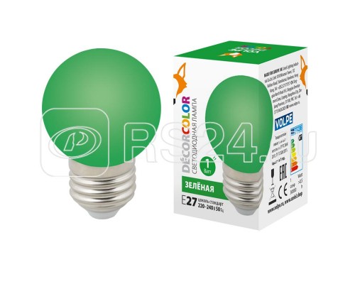 Лампа светодиодная декоративная LED-G45-1W/GREEN/E27/FR/С шар мат. зел. картон Volpe UL-00005648