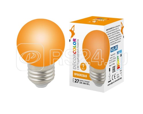 Лампа светодиодная декоративная LED-G45-1W/ORANGE/E27/FR/С шар мат. оранж. картон Volpe UL-00005650