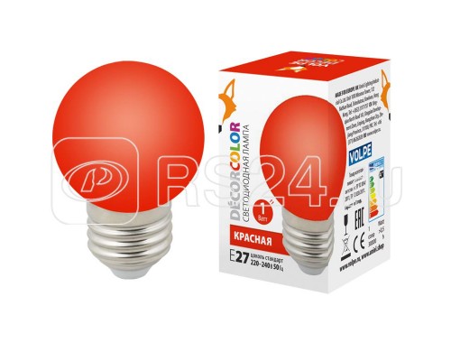 Лампа светодиодная декоративная LED-G45-1W/RED/E27/FR/С шар мат. красн. картон Volpe UL-00005646