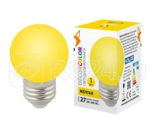 Лампа светодиодная декоративная LED-G45-1W/YELLOW/E27/FR/С шар мат. желт. картон Volpe UL-00005649