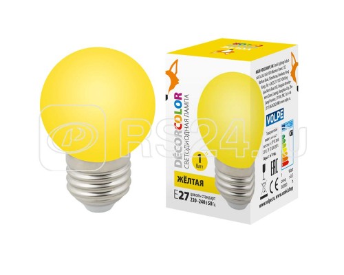 Лампа светодиодная декоративная LED-G45-1W/YELLOW/E27/FR/С шар мат. желт. картон Volpe UL-00005649