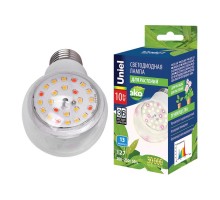 Лампа светодиодная для растений LED-A60-10W/SPFB/E27/CL PLP30WH колба прозр. спектр для фотосинтеза. картон Uniel UL-00007404