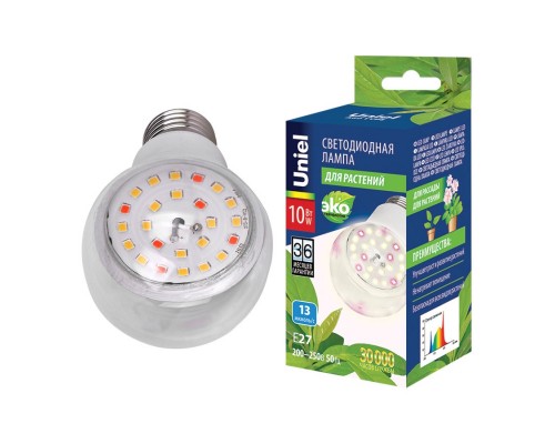 Лампа светодиодная для растений LED-A60-10W/SPFB/E27/CL PLP30WH колба прозр. спектр для фотосинтеза. картон Uniel UL-00007404