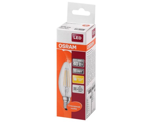 Лампа светодиодная филаментная LED STAR CLASSIC B 40 4W/827 4Вт свеча 2700К тепл. бел. E14 470лм 220-240В прозр. стекл. OSRAM 4058075068353