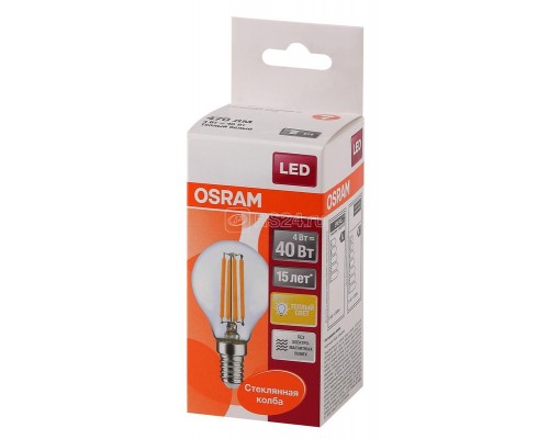 Лампа светодиодная филаментная LED STAR CLASSIC P 40 4W/827 4Вт шар 2700К тепл. бел. E14 470лм 220-240В прозр. стекл. OSRAM 4058075068377