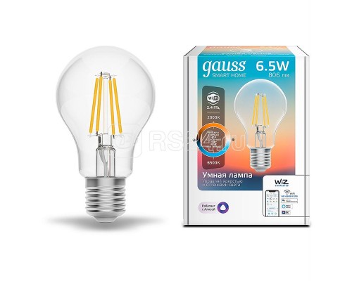Лампа светодиодная филаментная Smart Home A60 6.5Вт 2000-6500К E27 DIM+CCT Gauss 1220112