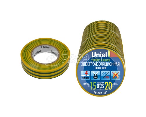 Лента изоляционная UIT-135P 20/15/01 YGR 20м/15мм жел/зел. Uniel 04490
