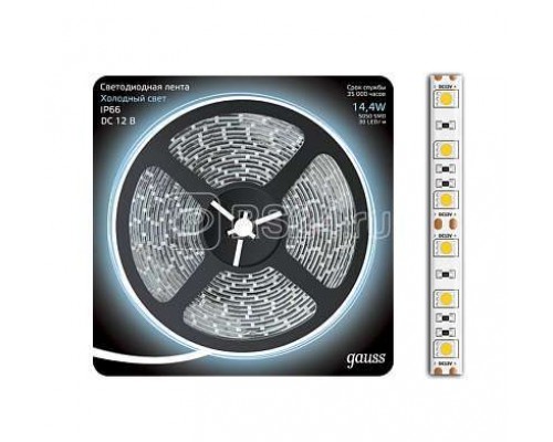 Лента светодиодная 5050/60-SMD 14.4Вт 12В DC хол. бел. IP66 (уп.5м) Gauss 311000314