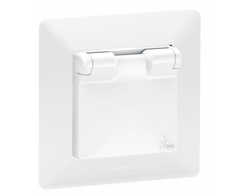 Механизм розетки 1-м СП Valena Life 16А IP44 250В 2К+З защ. шторки откидная крышка бел. Leg 753119