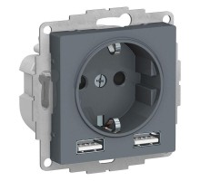 Механизм розетки ATLASDESIGN 16А с 2 USB A+A 5В/2.4А 2х5В/1.2А грифиль SchE ATN000730