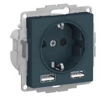 Механизм розетки ATLASDESIGN 16А с 2 USB A+A 5В/2.4А 2х5В/1.2А изумруд SchE ATN000830