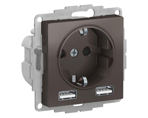 Механизм розетки ATLASDESIGN 16А с 2 USB A+A 5В/2.4А 2х5В/1.2А мокко SchE ATN000630