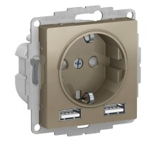 Механизм розетки ATLASDESIGN 16А с 2 USB A+A 5В/2.4А 2х5В/1.2А шампань SchE ATN000530